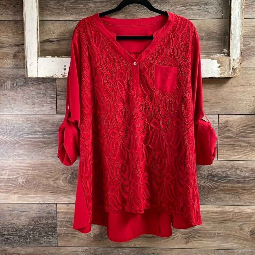 Women’s Red Vneck Lace Dress Blouse Tunic Button Tab Sleeves Plus Size XXL